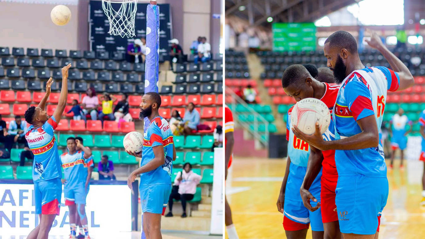 Eswatini Goal Shooter Brendan Dhlamini prepares to take a shot against Kenya yesterday. (Courtesy pic)